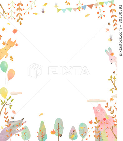 Scandinavian fashionable and fun white background frame illustrations of autumn plants and forest animals Scandinavian fashionable and fun white background frame illustrations of autumn plants and forest animals 80330593
