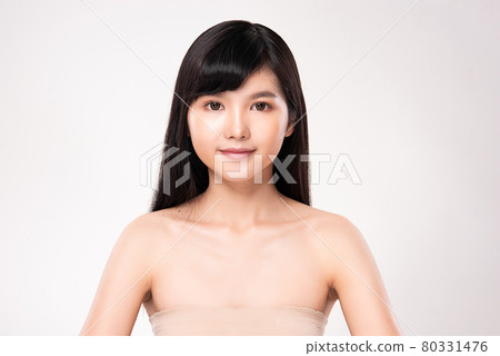 Beautiful young asian woman with clean fresh skin on white background, Face care, Facial treatment 80331476