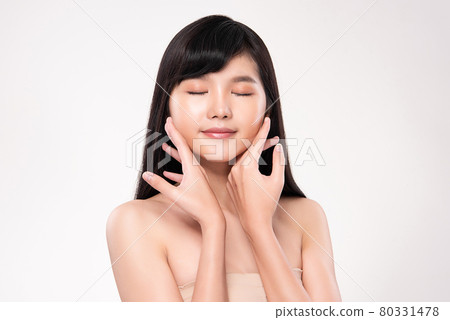 Beautiful young asian woman with clean fresh skin on white background, Face care, Facial treatment 80331478