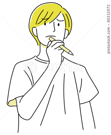 Boy 09_03 (Hand-painted, a man who is worried about thinking about something with a pencil, upper body, yellow 03) 80332072