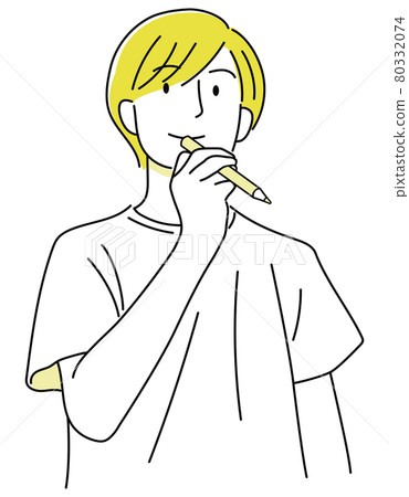 Boy 09_03 (Hand-painted, smiling man who comes up with something with a pencil, upper body, yellow 02) 80332074
