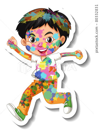 Happy boy with colour on his body sticker on white background Happy boy with colour on his body sticker on white background 80332831
