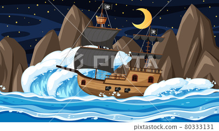 Ocean with Pirate ship at night scene in cartoon style 80333131