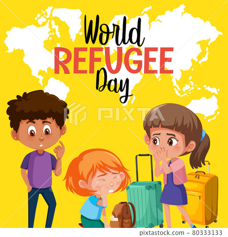 World Refugee Day banner with refugee people on world map background World Refugee Day banner with refugee people on world map background 80333133