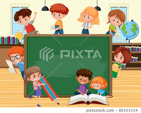 Empty blackboard with many children cartoon character Empty blackboard with many children cartoon character 80333134