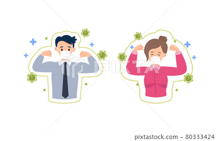 Office man and woman shows hand gesture as sign of good immune against corona virus. Flat vector cartoon design 80333424