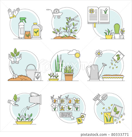 Gardening and Horticulture as Plant Cultivation with Tools and Organic Product Growing Line Round Vector Composition Set 80333771