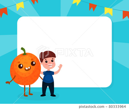 Little Boy Interacting with Funny Humanized Orange Fruit and Blank Frame Behind Vector Template Little Boy Interacting with Funny Humanized Orange Fruit and Blank Frame Behind Vector Template 80333964