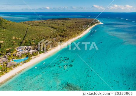 One eye beach at Mauritius with turquoise ocean and beach. Aerial view 80333965