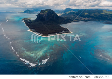 Tropical island with Le Morne mountain, ocean with waves and beach in Mauritius. Aerial view 80333968