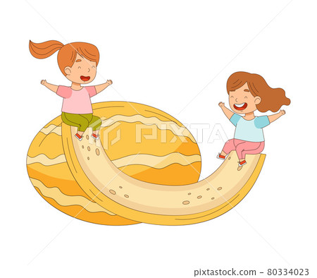 Cheerful Little Girls Swinging on Huge Melon Slice Vector Illustration Cheerful Little Girls Swinging on Huge Melon Slice Vector Illustration 80334023