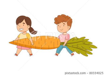Little Boy and Girl Carrying Huge Carrot Vector Illustration 80334025