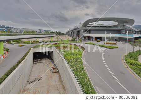 Concrete tunnel and road construction under railway 25 June 2021 80336081