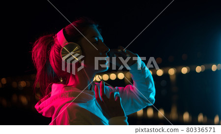 Millennial Girl Listen Music Neon Light Outdoor 80336571