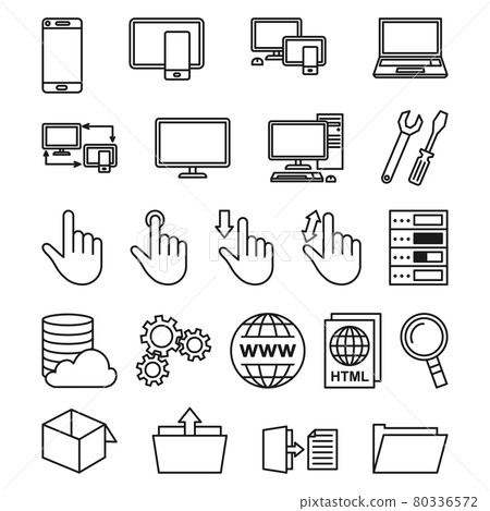 Line art black and white technology themed 22 icon collection 80336572