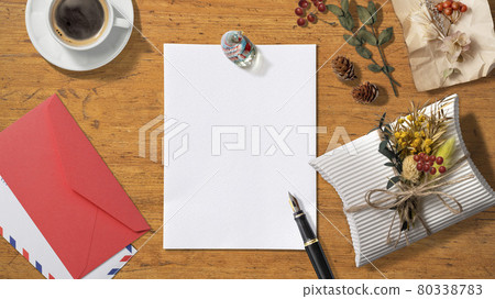 Blank white stationery and envelopes. Handmade wrapping gift box. 80338783