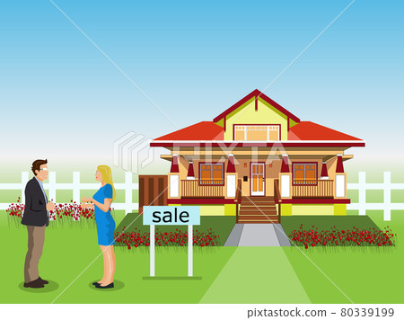 Female seller is negotiating house with business man. House and sky in the background. Female seller is negotiating house with business man. House and sky in the background. 80339199