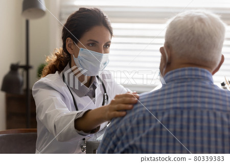 Caring doctor in facemask support old male patient Caring doctor in facemask support old male patient 80339383