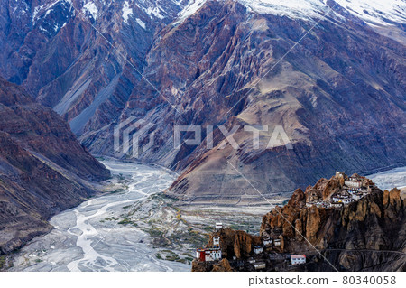 Dhankar monastry perched on a cliff in Himalayas, India 80340058