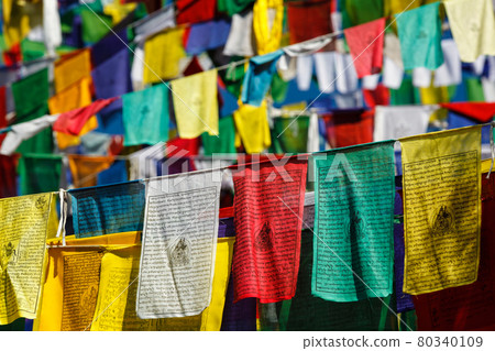 Buddhist prayer flags lunga in McLeod Ganj, Himachal Pradesh, India 80340109
