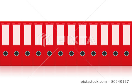 Red ring binders, row of unlabeled leaf binder set for orderly, neat and tidy paper filing. Seamlessly expandable. Isolated vector illustration on white background. Red ring binders, row of unlabeled leaf binder set for orderly, neat and tidy paper filing. Seamlessly expandable. Isolated vector illustration on white background. 80340127