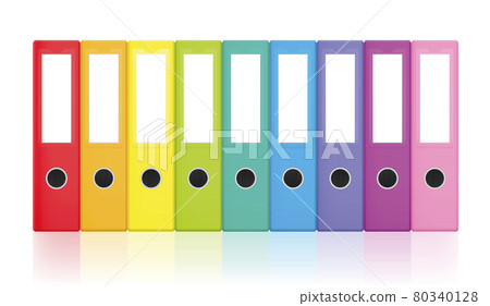 Ring binders, colorful blank leaf binder set, rainbow colored collection for happy office work and tidy filing. Isolated vector illustration on white background. Ring binders, colorful blank leaf binder set, rainbow colored collection for happy office work and tidy filing. Isolated vector illustration on white background. 80340128