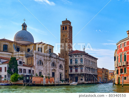 Beautiful view of church of St Jerome or San Gemeria on Grand Canal, Venice, Italy. Prominent landmark housing remains of St Lucy, at daylight 80340550