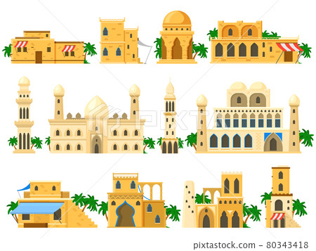 Traditional ancient arabic architecture mud brick buildings. Towers, houses, rotunda and castle buildings vector illustration set. Arabic buildings 80343418
