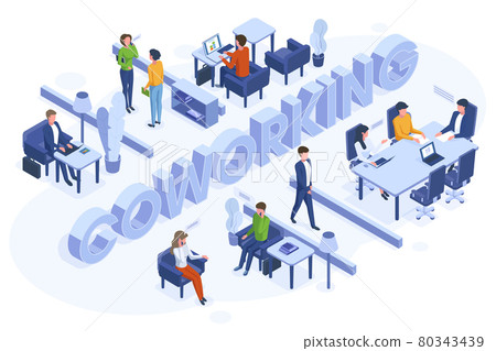 Isometric coworking concept. Freelance business people work in open office space vector illustration. Coworking 3d environment space Isometric coworking concept. Freelance business people work in open office space vector illustration. Coworking 3d environment space 80343439