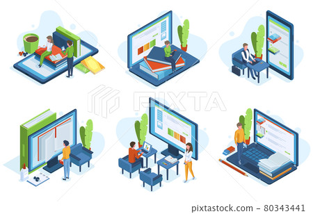 Isometric people online education. Distance learning, 3d characters learn online on computer screens vector illustration set. Online education isometric scenes 80343441