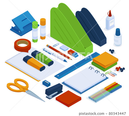 Office supplies. Isometric stationery tools, stapler, ruler, scissors and duct tape, 3d school or office stationery vector illustration set. Isometric office tools 80343447