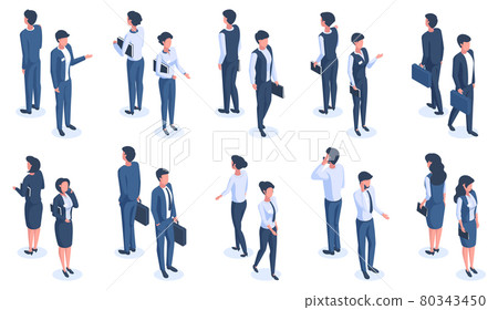 Isometric office people. Male and female 3D business characters, office workers wearing business suits vector illustration set. Business isometric people 80343450