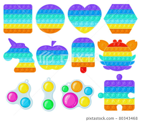 Antistress pop it and simple dimple toys. Trendy fidget children toys, sensory and color learning for kids vector illustration set. Silicone bubbles toys Antistress pop it and simple dimple toys. Trendy fidget children toys, sensory and color learning for kids vector illustration set. Silicone bubbles toys 80343468