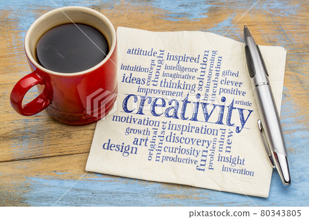 creativity concept - word cloud on napkin creativity concept - word cloud on napkin 80343805