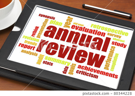 annual review word cloud on tablet 80344228