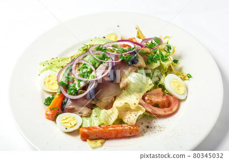 Salad with mackerel fish, zucchini, lettuce, carrots and creamy dressing 80345032
