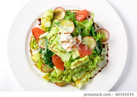 Fresh salad with lettuce, radishes, grapefruit, cheese and citrus dressing 80345034