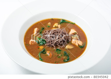 Healthy Miso Soup with buckwheat noodles, turkey and seafood. Healthy Miso Soup with buckwheat noodles, turkey and seafood. 80345042