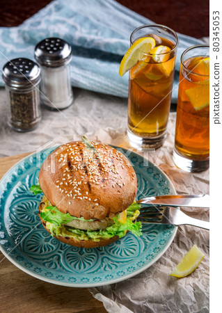 Sandwich with chicken burger, cheese and lettuce Sandwich with chicken burger, cheese and lettuce 80345053