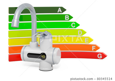 Water heater with energy efficiency chart, 3D rendering Water heater with energy efficiency chart, 3D rendering 80345514