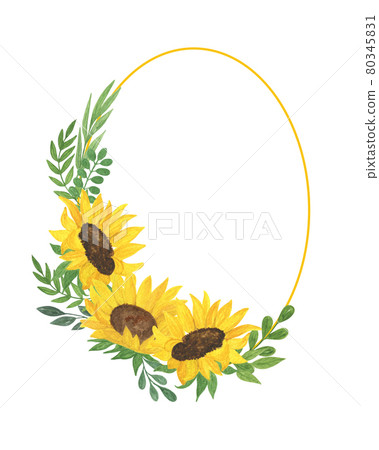 Sunflower and leaves oval frame, floral composition watercolor illustration, agricultural plant summer bouquet, arrangement for thanksgiving, greeting card, boho decor, wedding invitation template 80345831
