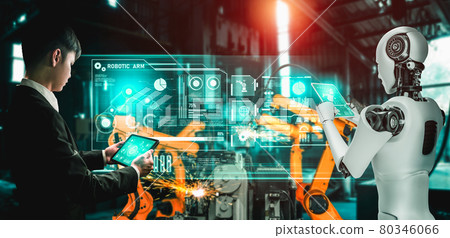 Mechanized industry robot and human worker working together in future factory Mechanized industry robot and human worker working together in future factory 80346066