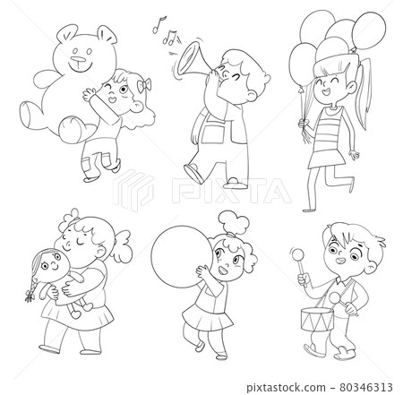 Kids in kindergarten play with their favorite toys. Coloring book 80346313