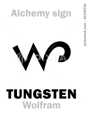 Alchemy Alphabet: TUNGSTEN (Wolframium), Wolfram (german: Wolf rahm "wolf foam", Latin: Lupi spuma, Lapis ponderosus "heavy stone"), also: Volfram. Chemical formula=[W]. Alchemical sign. 80346598