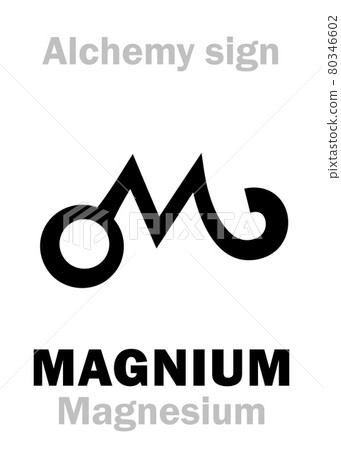 Alchemy Alphabet: MAGNESIUM (Magnium, Magnesium < greek: area Magnesia; also related to magnetite and manganese), also: Magnesia alba (MgCO3); eq.: Epsom salts (MgSO4*7H2O). Chemical formula=[Mg]. 80346602