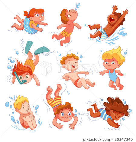 Children snorkeling. Set. Funny cartoon character Children snorkeling. Set. Funny cartoon character 80347340