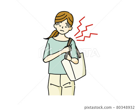 A woman holding a bag and having a burden on one shoulder 80348932