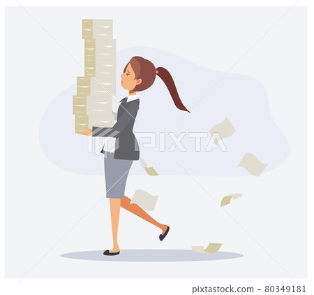 Business woman is carrying documents,Business woman carrying a stack of paper.Business concept too overload work.Flat vector cartoon character illustration. 80349181