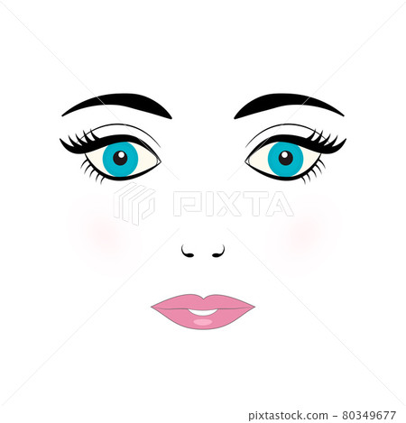 Cute young woman face vector illustration. Doll face with blue eyes, eyelashes, eyebrows and pink lips on white background. 80349677