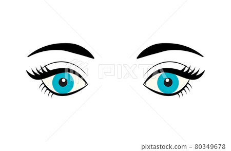 Beautiful blue female eye with eyelashes and eyebrows isolated on white background. Flat style logo. Cartoon eyes icon. Vector illustration for beauty salons, cosmetic shops, makeup artists. 80349678